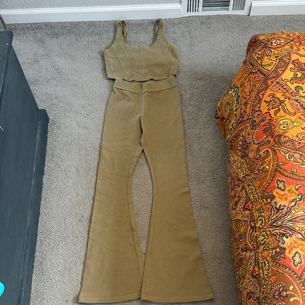 Offline by Aerie Ribbed Olive Green Moto-Styled Top and Flare Pants Set